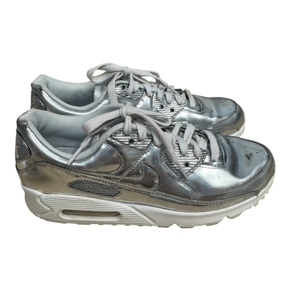RARE Nike Air Max 90 Sneaker Metallic Silver Women’s US Size 8 Silver Unique - Picture 3 of 10